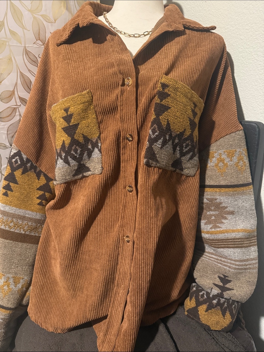Rust Corduroy Button-Down Shirt with Aztec Pocket & Sleeve Accents